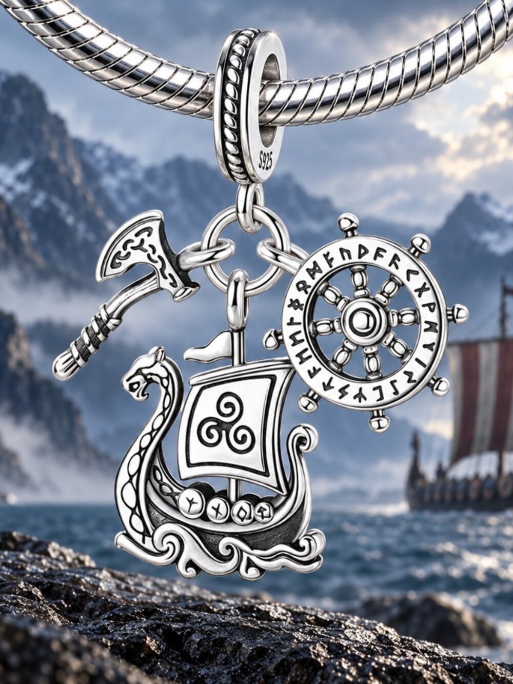 Viking Longship, Axe & Runic Shield Triple Dangle Charm